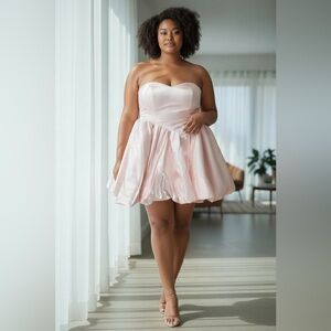 Faeriesty Pink Strapless Satin Mini Dress | Size L | Bow Back Detail